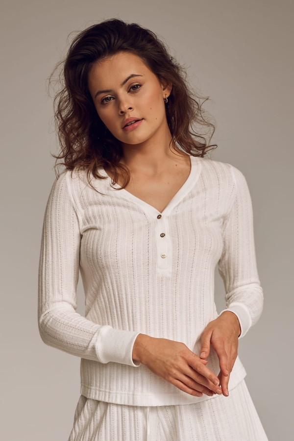 AJOUR ekri BLUZKA damska długi rękaw do spania z ażurowej wiskozy