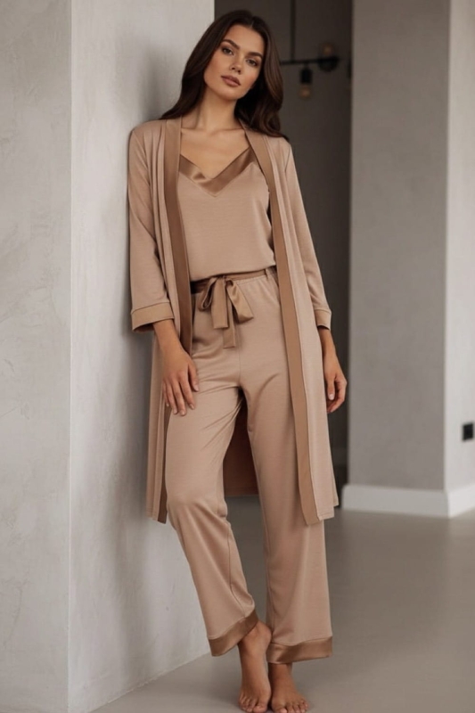 MORNING beżowy komplet top spodnie i szlafrok długi.jpg