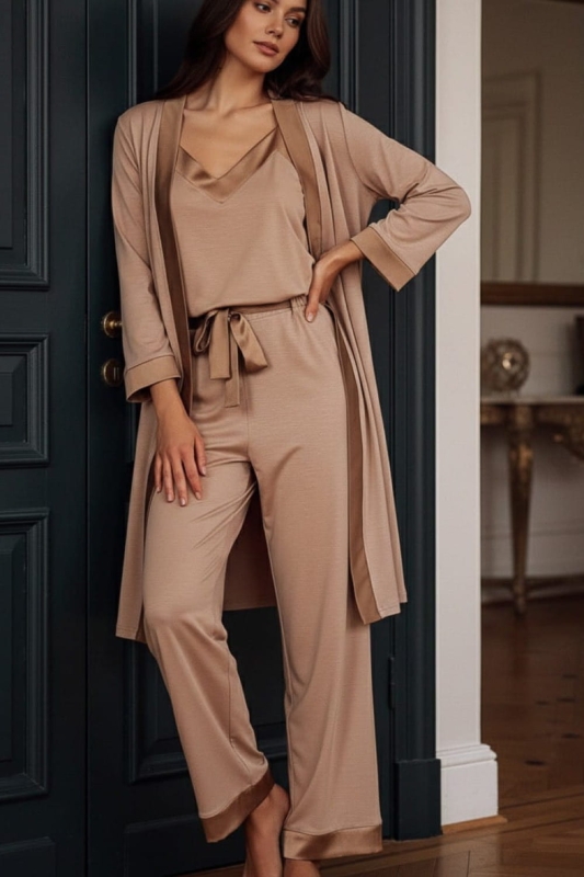 MORNING beżowa pizama damska top spodnie długie i szlafrok długi.jpg