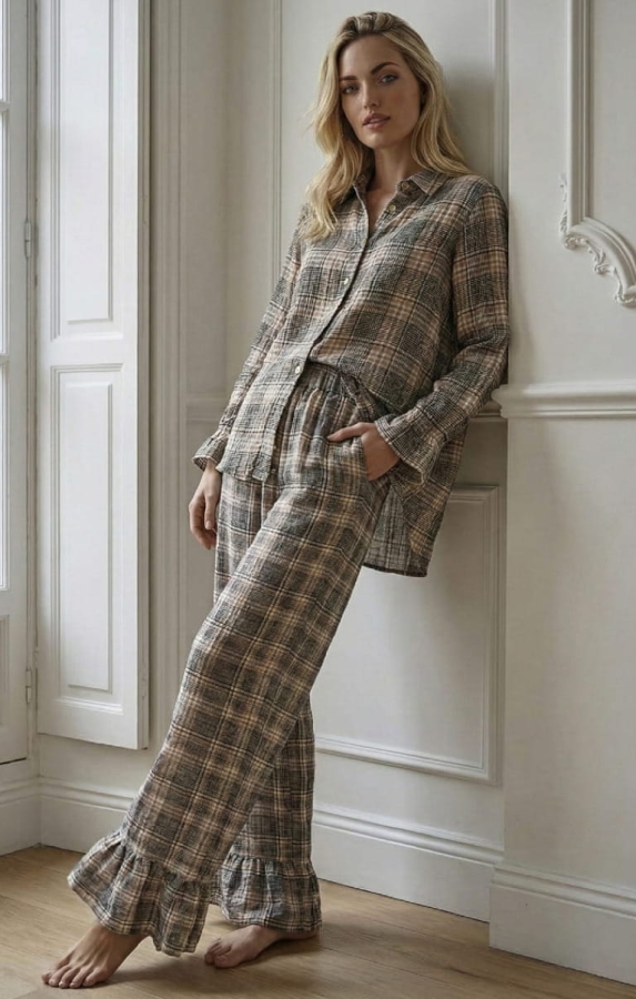 GLORY II lekka bawełniana piżama damska w kratę KOSZULA I SPODNIE z falbanami 