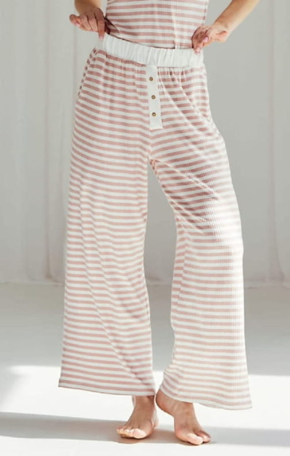 AMOUR róż SPODNIE z szeroką nogawką z prążkowanej wiskozy