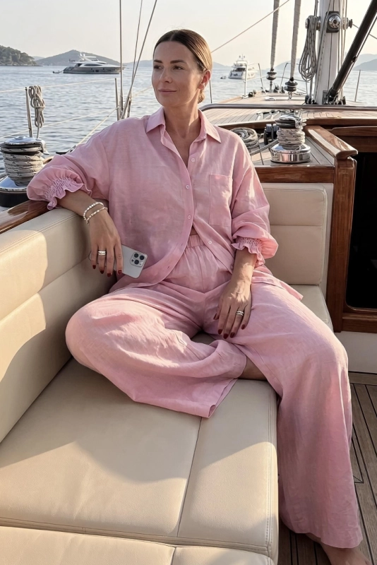 ST TROPEZ len pink,lniany komplet koszula i spodnie na żagle,komplet na łódkę,koszula i spodnie nad morze.jpg