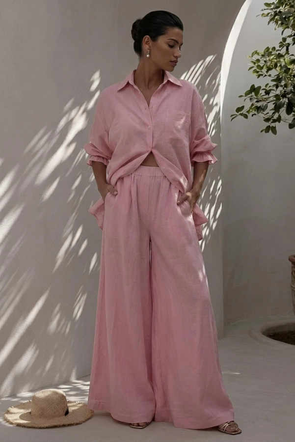 ST TROPEZ len pink,komplet rózowy z lnu,szerokie spodnie z lnu,szerokie nogawki z lnu.jpg