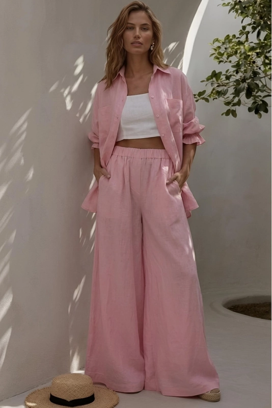 ST TROPEZ len pink,komplet koszula i spodnie z lnu,komplet koszula i spodnie lniane różowe,komplet na lato,.jpg