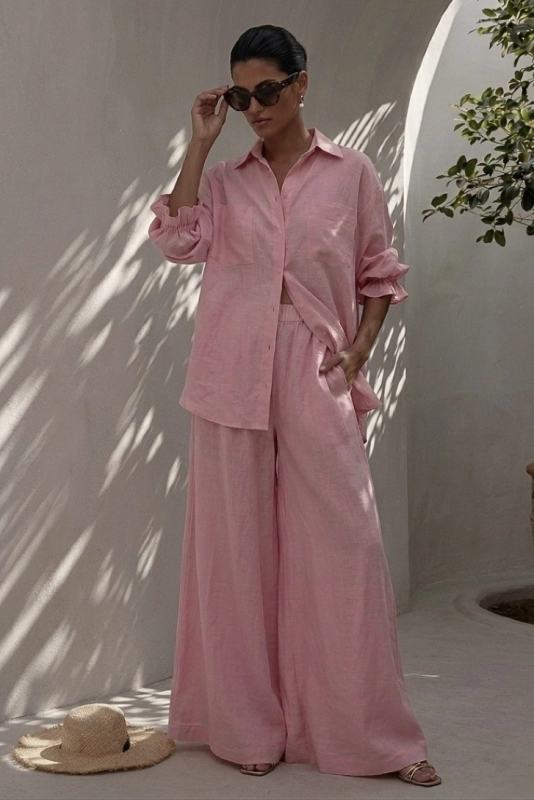 ST TROPEZ len pink ,rózowy komplet z lnu,koszula z lnu,spodnie z lnu.jpg