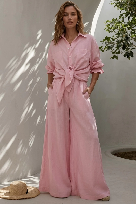 ST TROPEZ pink,różowy wygodny komplet lniany,elegancki komplet lniany,rózowy komplet z lnu,spodnie z szeroką nogawką z lnu.jpg