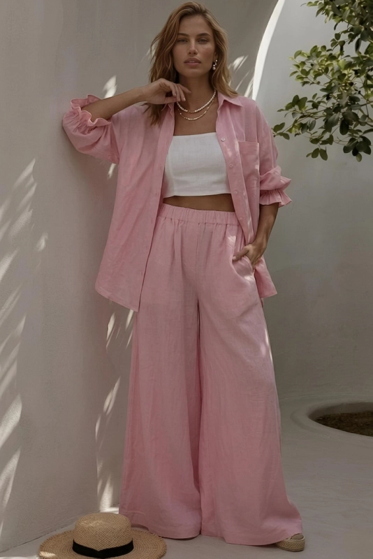 ST TROPEZ len pink,koszula na lato z lnu,letnia koszula lniana,komplet lniany,damski komplet lniany.jpg