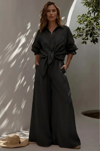 ST. TROPEZ BLACK  komplet KOSZULA I SPODNIE z lnu i wiskozy