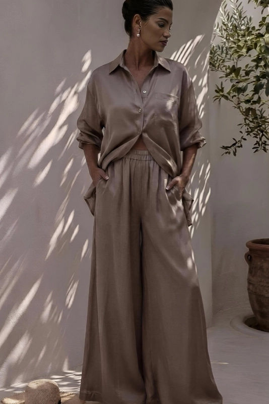ST TROPEZ brąz z tencelu,elegancka koszula z tencelu,eleganckie spodnie z tencelu.jpg