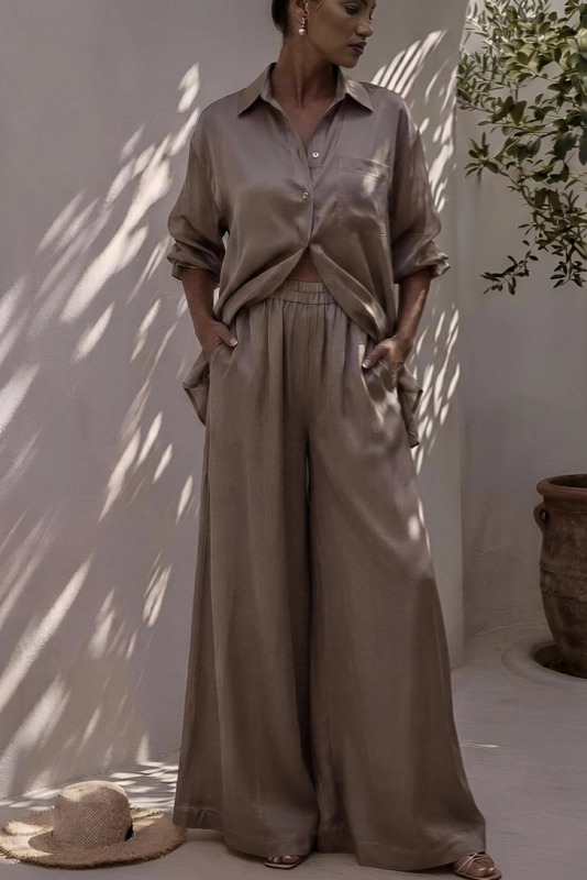 ST TROPEZ brąz z tencelu,elegancka koszula z tencelu,eleganckie spodnie z tencelu.jpg