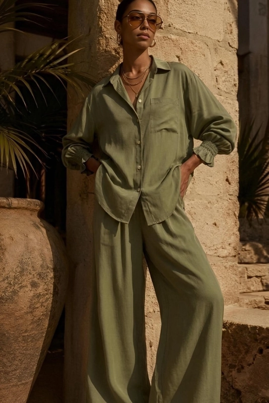 ST TROPEZ olive koszula i spodnie z tencelu,zielona koszula i zielone spodnie z tencelu,komplet zielony.jpg