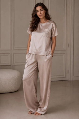 Jedwabny komplet SILK MOON taupe T-SHIRT i długie SPODNIE